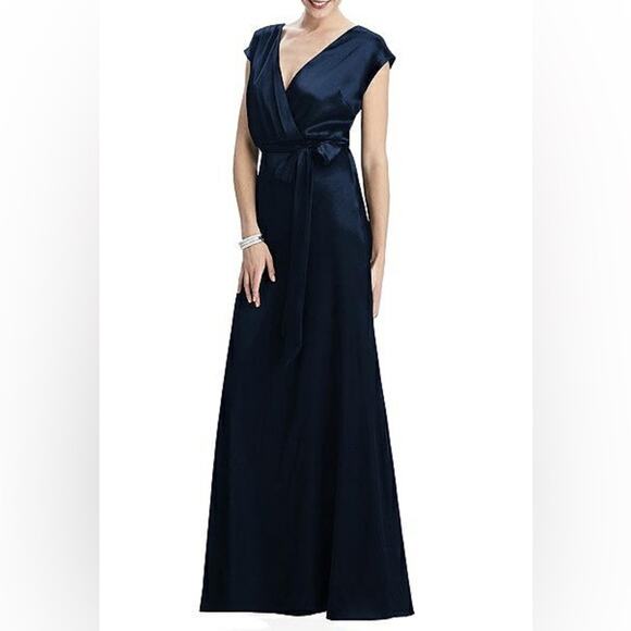 NWT Dessy Collection Cap Sleeve Blouson Faux Wrap Maxi Dress Midnight Navy Blue - Picture 2 of 10